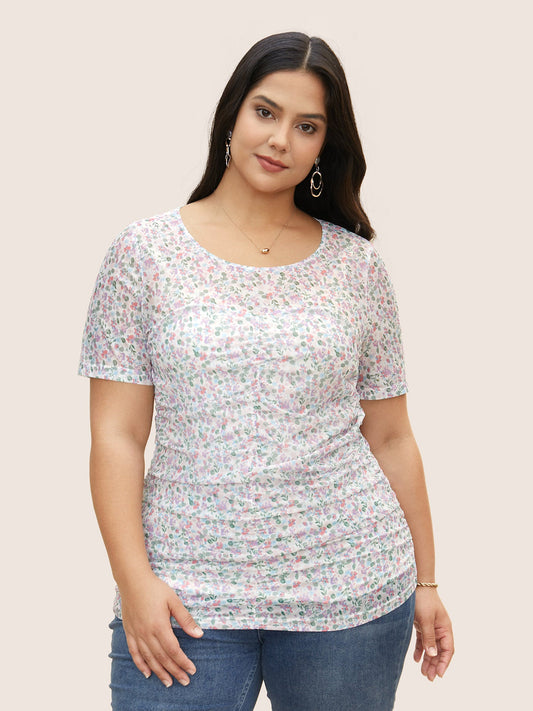 Round Neck Floral Mesh Ruched T-shirt